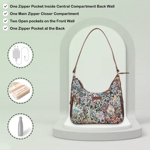 Botanical Pattern Tapestry Fabric Hobo Bag For Women | Shoulder Sling Bag - Picture 4 of 9